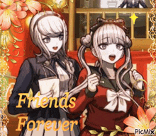two anime girls are standing next to each other with the words friends forever