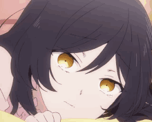 a close up of a girl 's face with a yellow eye