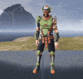 a video game character with a beard and horns is standing in front of a mountain