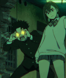 a boy and a girl are standing next to each other and the girl is wearing glasses