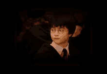 harry potter is wearing glasses and a tie and looking at the camera in a dark room .