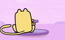 a cartoon character is sitting on a merry go round on a purple background .