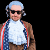 a man wearing a wig sunglasses and a scarf with stars