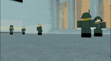a group of soldiers are standing in front of a building in a video game