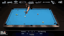 a pool table with the us open bank pool championship on the screen