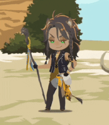 a cartoon of a lion holding a cane in a desert .