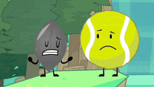 a leaf and a tennis ball with sad faces on them