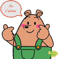 a pants bear giving a thumbs up with a speech bubble saying je t'aime