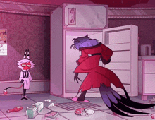 a cartoon character is standing next to a refrigerator with the letter g on it