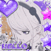 a picture of a girl with a purple heart and the word hello