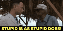 a poster with two men and the words stupid is as stupid does on it