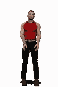 a man in a red tank top and black pants with his arms outstretched .
