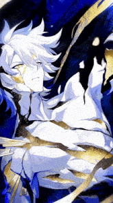 a drawing of a boy with white hair and gold spots on his face