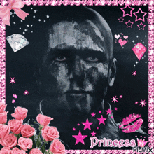 a picture of a man with black paint on his face is surrounded by pink flowers and stars