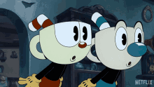 two cartoon characters are standing next to each other with a netflix logo behind them