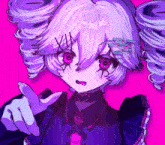 a drawing of a girl with purple hair and a purple shirt
