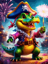 a crocodile wearing a pirate hat and holding a fireworks display