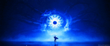 a person is standing in front of a blue light with a circle in the middle of it