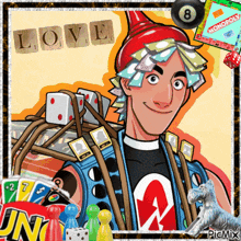 a cartoon of a man surrounded by board games with the word love above him