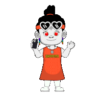 a cartoon character wearing a zhotcita shirt holds a cell phone