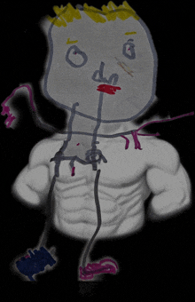 a drawing of a man without a shirt with a face that says ' o ' on it