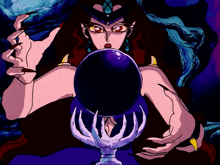 a cartoon drawing of a woman holding a purple egg