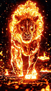 a lion made of flames is walking on a rocky surface