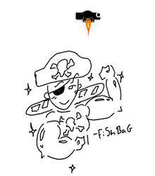 a drawing of a pirate with a sword and a fish bag .