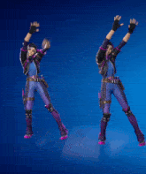a woman in a purple outfit is standing with her arms in the air