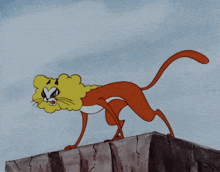 a cartoon cat with a yellow mane is standing on a cliff