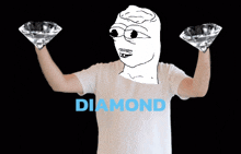a cartoon of a man holding two diamonds with the words diamond hands behind him