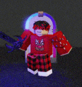 a roblox character is holding a purple sword .