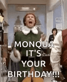monqua it 's your birthday !!! is a christmas movie with a man in a green dress holding a guitar .