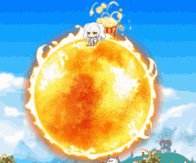 a cartoon character is sitting on top of a giant sun