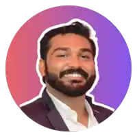 a man with a beard is smiling in a circle with a purple background