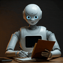 a robot is writing on a piece of paper while holding a pen