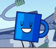 a cartoon drawing of a blue mug with a smile on its face .