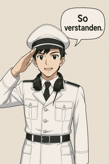 a man in a military uniform salutes with a speech bubble above him that says so verstanden
