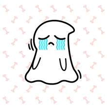 a drawing of a crying ghost with a pattern of bones in the background