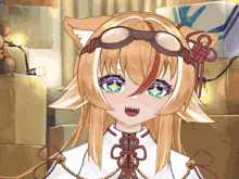 a close up of a anime character wearing goggles and a white shirt