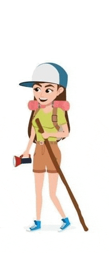 a woman with a backpack and a flashlight is walking with a cane .