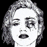 a black and white drawing of a woman 's face with a tear running down her eye