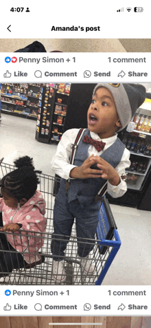 a picture of a boy and a girl in a shopping cart is on a phone screen