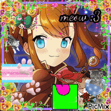 a picture of a girl with meow 3 written on it