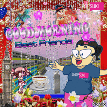 a cartoon character says good morning best friends with a cup of coffee