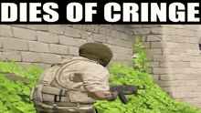 a man holding a gun in front of a brick wall with the words dies of cringe