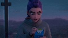 a girl with purple hair is holding a card that says " meet you "