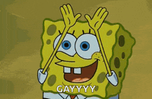 spongebob squarepants is wearing a rainbow hat and raising his arms in the air .