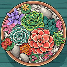 a drawing of flowers and rocks in a bowl on a table