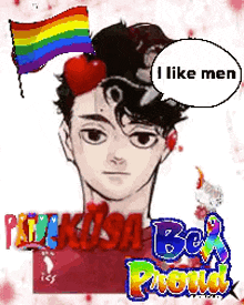 a cartoon of a man with a heart in his hair and a speech bubble that says i like men .